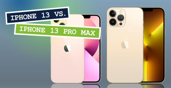 iPhone 13 und iPhone 13 Pro Max nebeneinander mit Vorder- und Rückseite