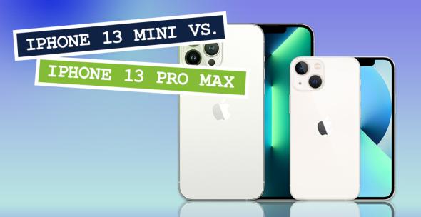 iPhone Pro Max und iPhone Mini nebeneinander mit Vorder- und Rückseite