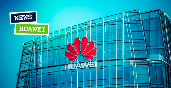 Das Huawei-Logo an einem Unternehmensgebäude.